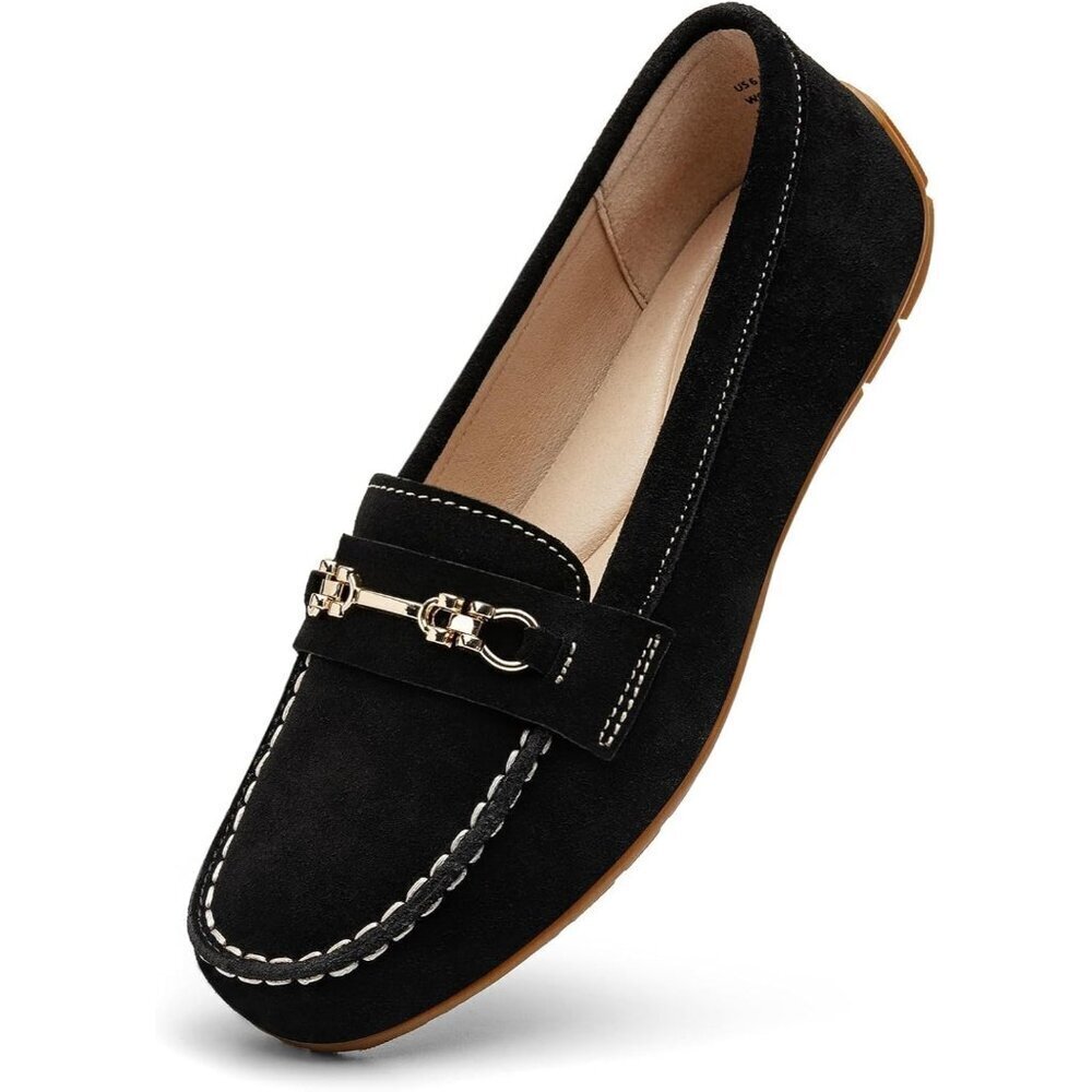 Kordal Women's Black Leather Gold Accent Buckle Slip-Ons Comfortable Loafers